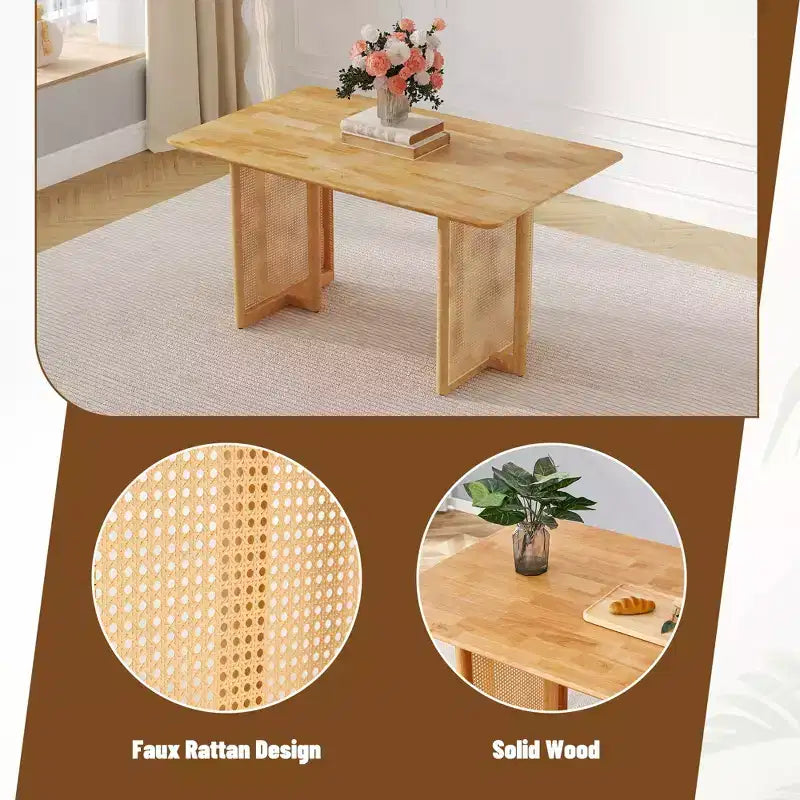Retro Wood Dining Table, Modern Imitation Rattan Dining Table for Dining Room, Living Room, Office