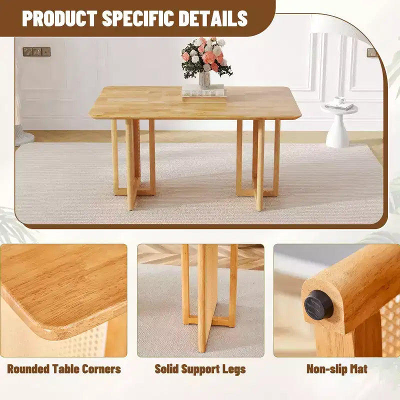 Retro Wood Dining Table, Modern Imitation Rattan Dining Table for Dining Room, Living Room, Office