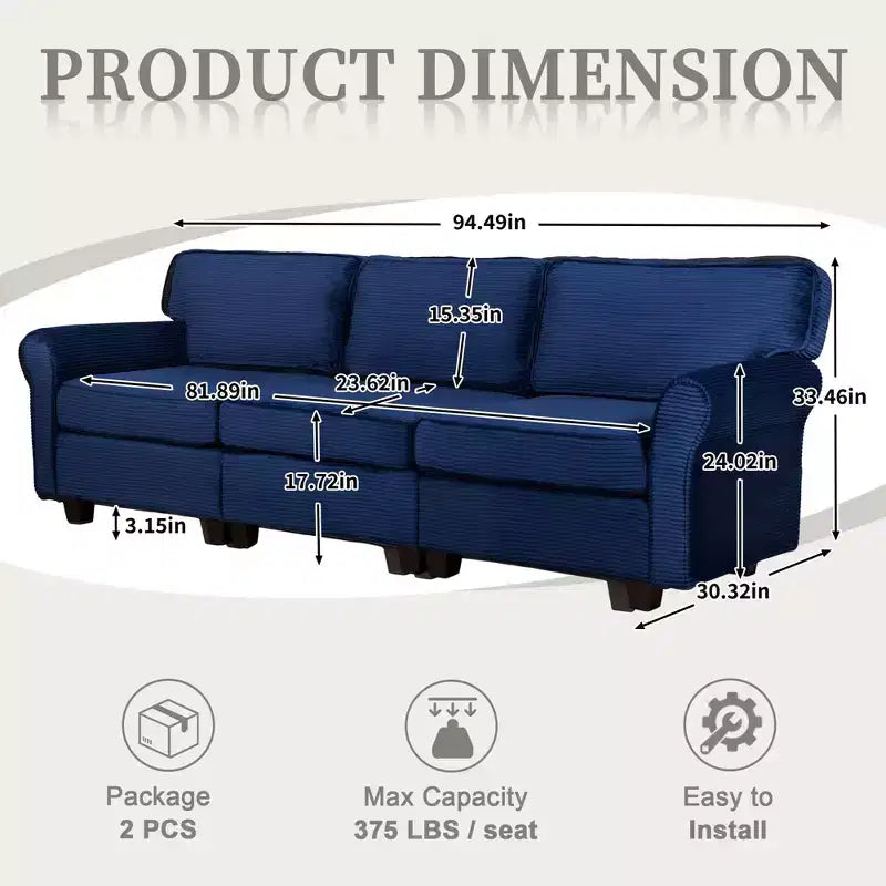 Corduroy 3-Seater Sofa with Removable Cushions and Ergonomic Armrests