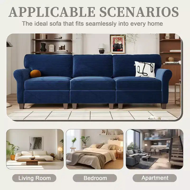 Corduroy 3-Seater Sofa with Removable Cushions and Ergonomic Armrests