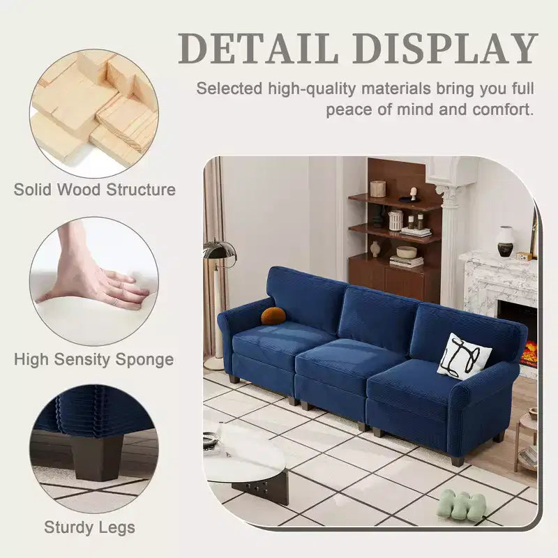 Corduroy 3-Seater Sofa with Removable Cushions and Ergonomic Armrests