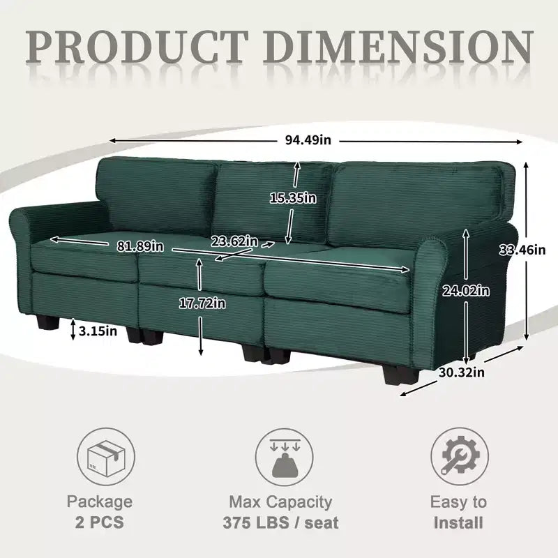 Corduroy 3-Seater Sofa with Removable Cushions and Ergonomic Armrests