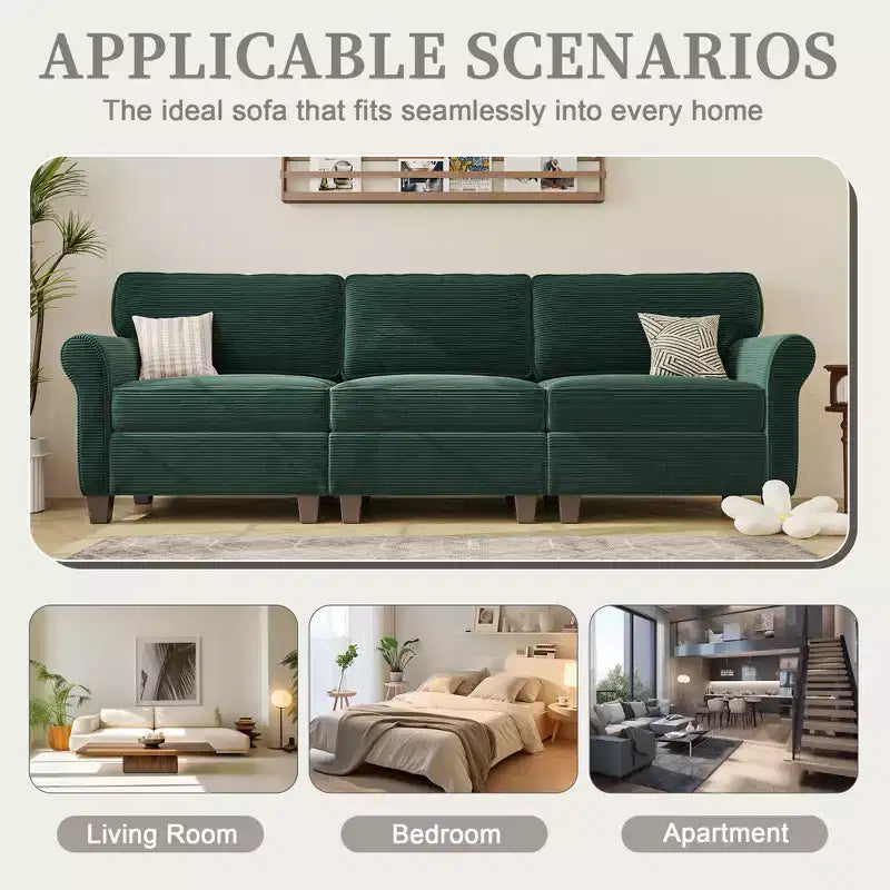 Corduroy 3-Seater Sofa with Removable Cushions and Ergonomic Armrests