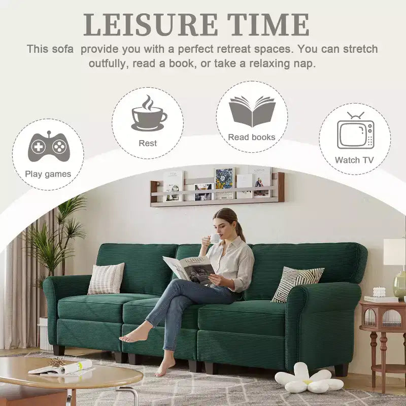 Corduroy 3-Seater Sofa with Removable Cushions and Ergonomic Armrests