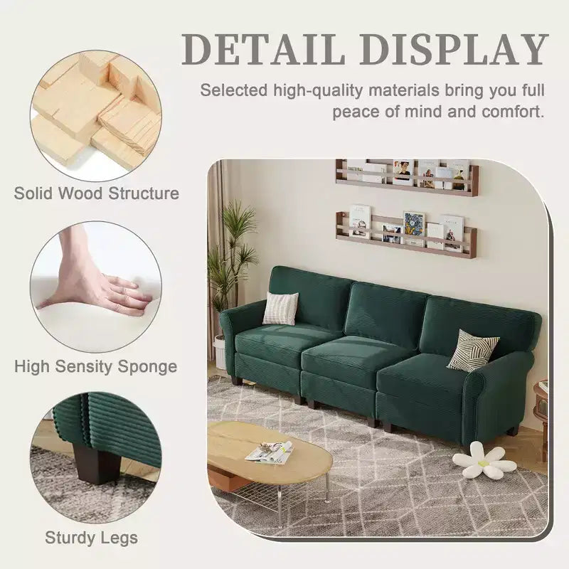 Corduroy 3-Seater Sofa with Removable Cushions and Ergonomic Armrests