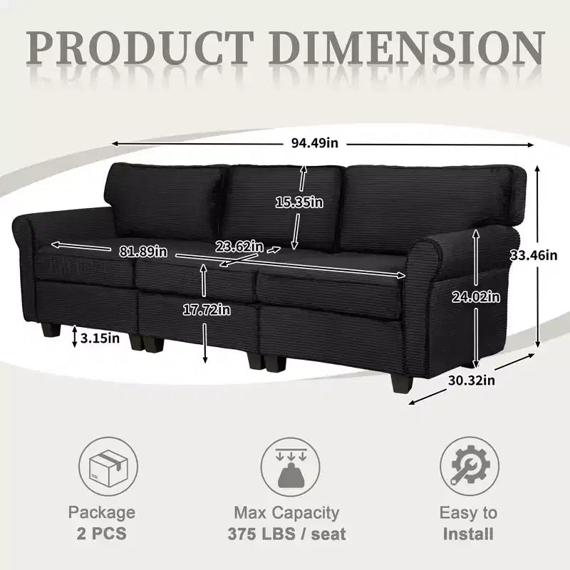 Corduroy 3-Seater Sofa with Removable Cushions and Ergonomic Armrests