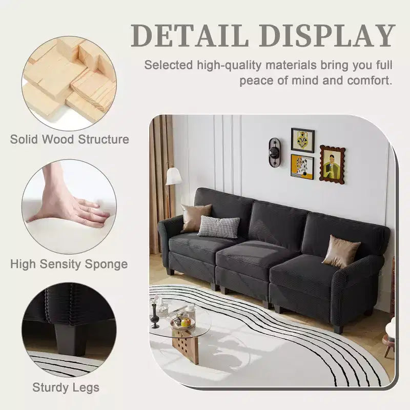 Corduroy 3-Seater Sofa with Removable Cushions and Ergonomic Armrests