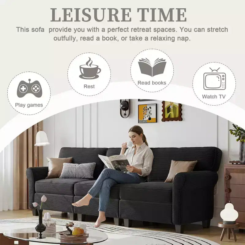 Corduroy 3-Seater Sofa with Removable Cushions and Ergonomic Armrests