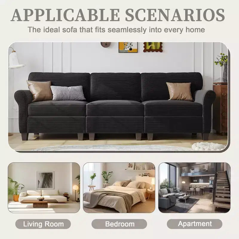 Corduroy 3-Seater Sofa with Removable Cushions and Ergonomic Armrests