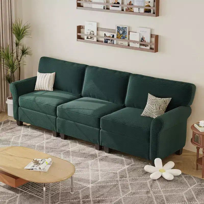 Corduroy 3-Seater Sofa with Removable Cushions and Ergonomic Armrests