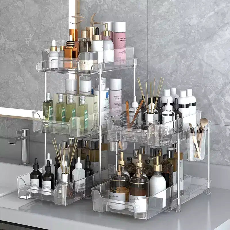 Pull Out Makeup Organizer, 2-Tier Clear Slide Out Shelves with Dividers, 8. 3W11. 4D8. 6H for Kitchen/Bathroom