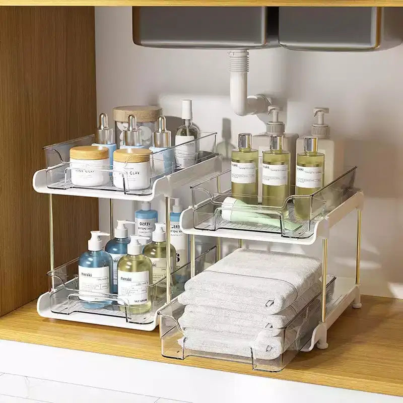 Pull Out Makeup Organizer, 2-Tier Clear Slide Out Shelves with Dividers, 8. 3W11. 4D8. 6H for Kitchen/Bathroom
