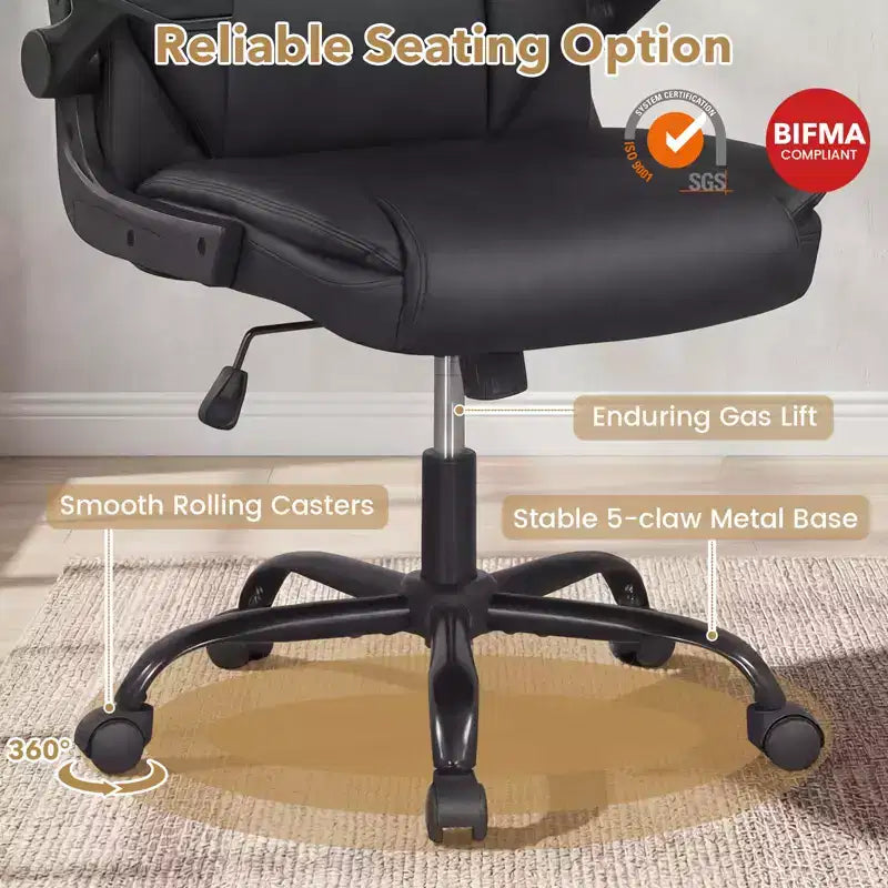 Leather Office Chair with Flip-up Armrests, Rocking Function, Adjustable Height