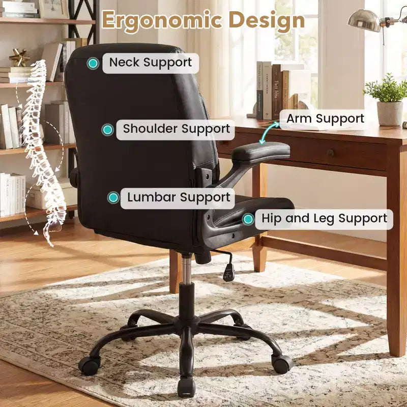Leather Office Chair with Flip-up Armrests, Rocking Function, Adjustable Height