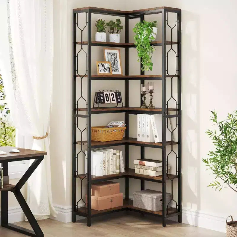 78. 74" 7 Tier Corner Bookshelf Wood Rustic Brown