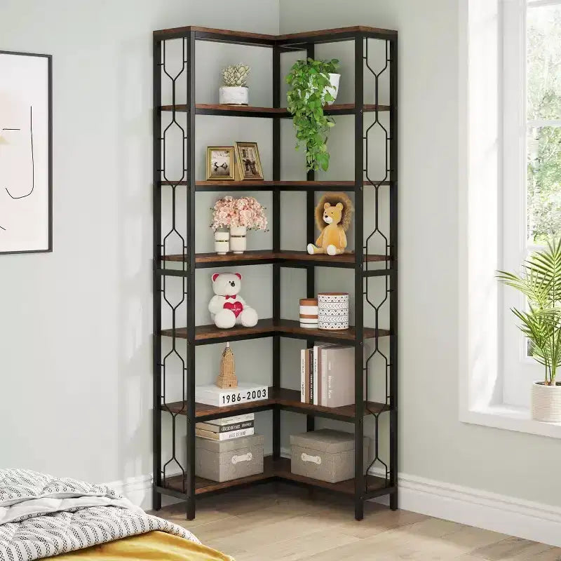 78. 74" 7 Tier Corner Bookshelf Wood Rustic Brown