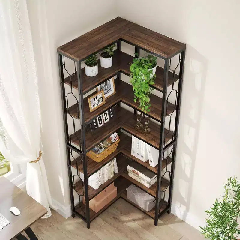 78. 74" 7 Tier Corner Bookshelf Wood Rustic Brown