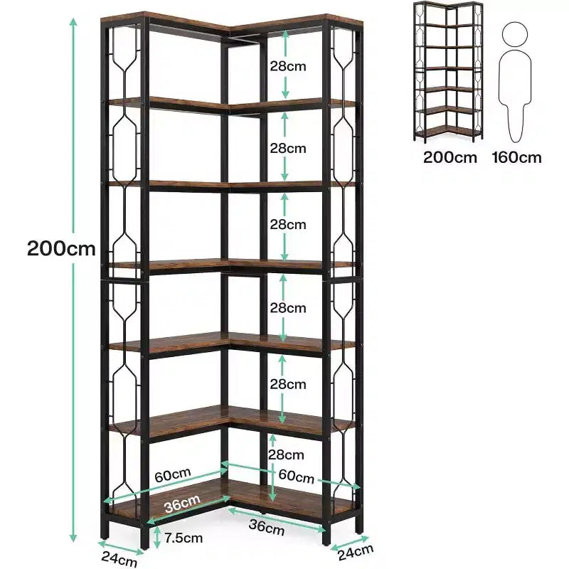 78. 74" 7 Tier Corner Bookshelf Wood Rustic Brown