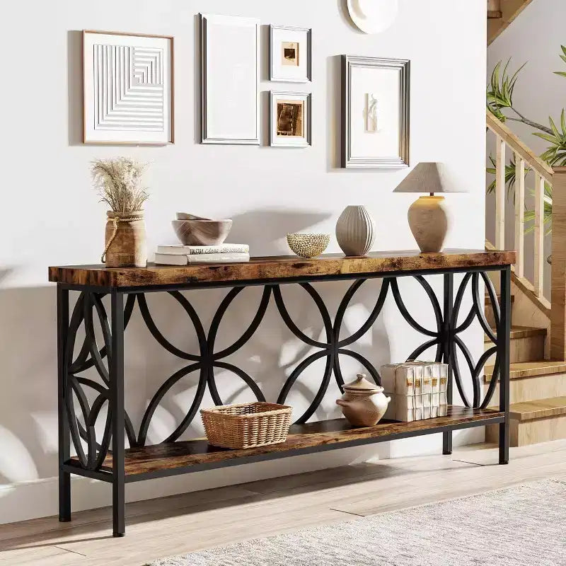 70. 9" Narrow Entryway Console Table with Storage Shelf Rustic Brown