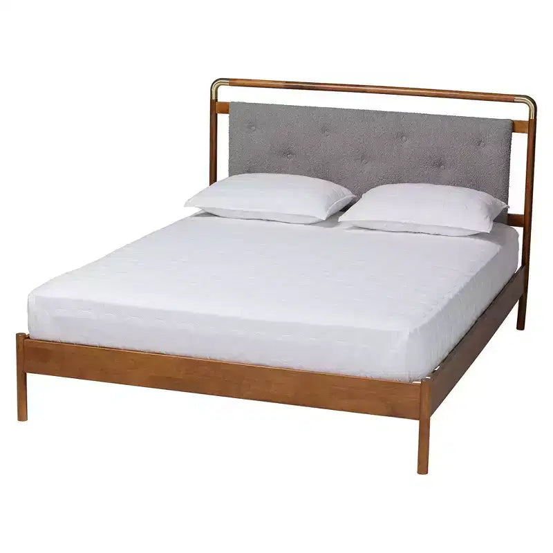 Queen Size Boucle Fabric and Wood Platform Bed Light Gray/Walnut Brown