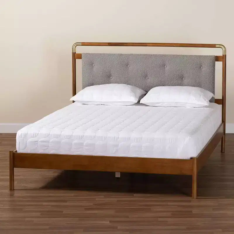 Queen Size Boucle Fabric and Wood Platform Bed Light Gray/Walnut Brown