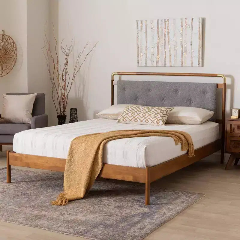 Queen Size Boucle Fabric and Wood Platform Bed Light Gray/Walnut Brown