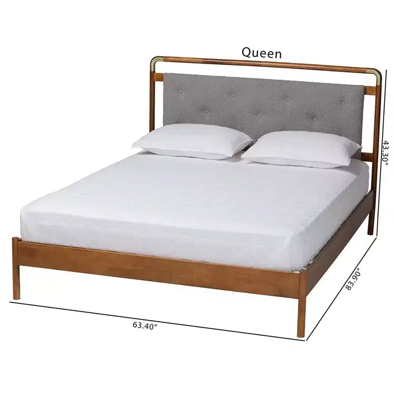 Queen Size Boucle Fabric and Wood Platform Bed Light Gray/Walnut Brown