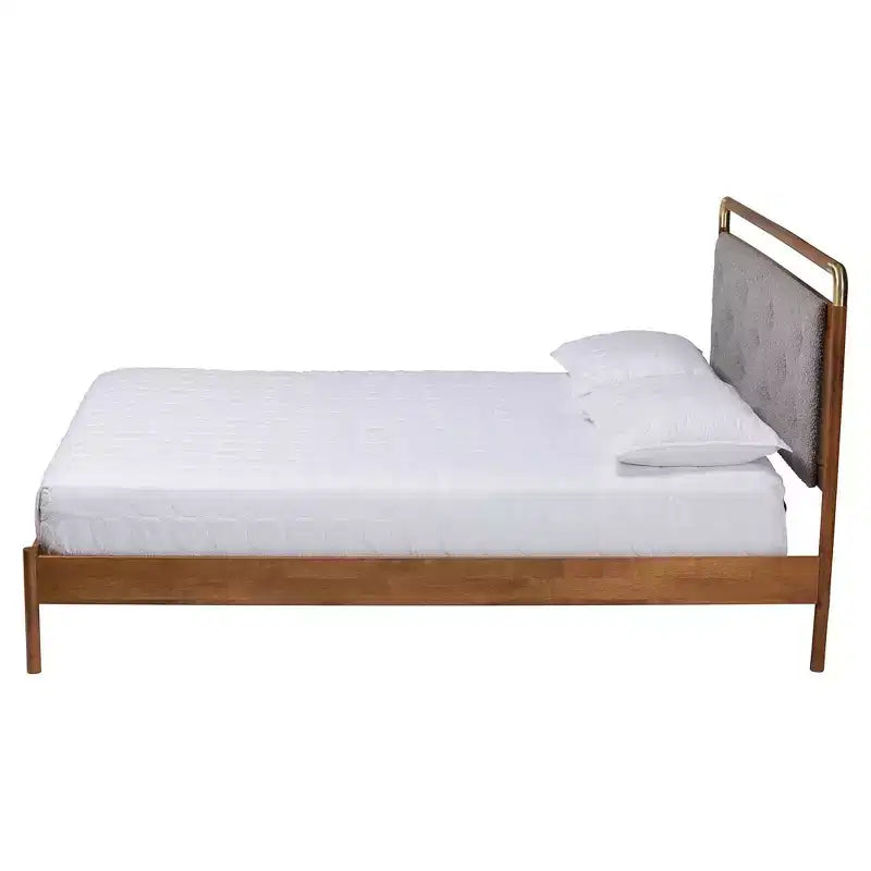 Queen Size Boucle Fabric and Wood Platform Bed Light Gray/Walnut Brown