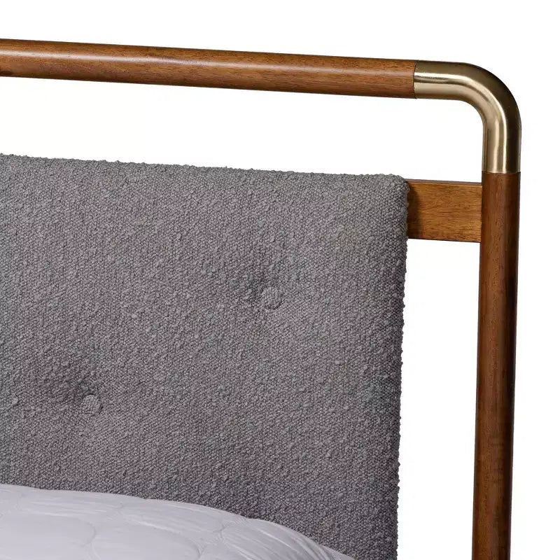 Queen Size Boucle Fabric and Wood Platform Bed Light Gray/Walnut Brown