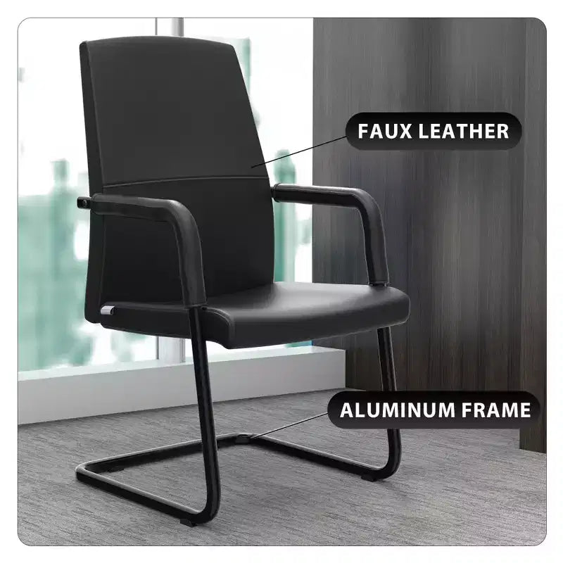 Modern Black Faux Leather Office Chair Sturdy Sled Base Ergonomic Desk Guest Seating