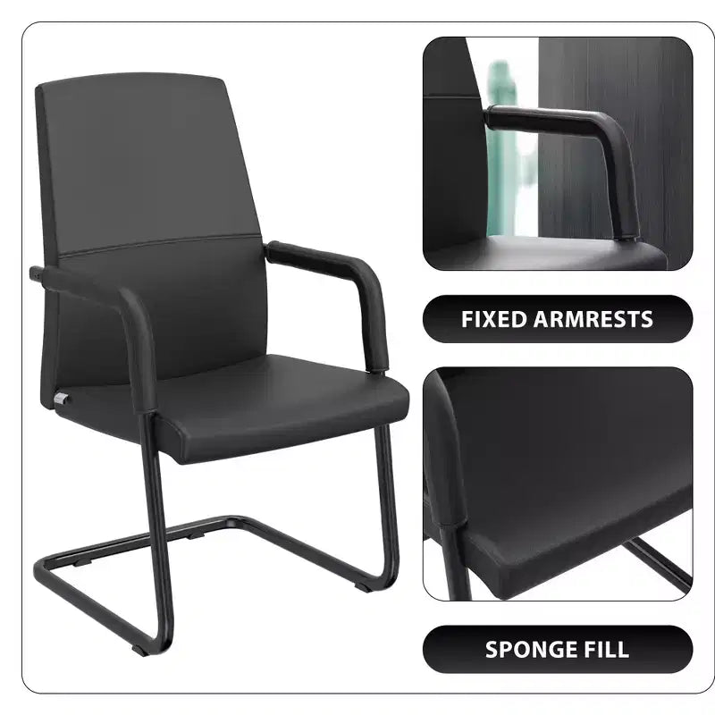 Modern Black Faux Leather Office Chair Sturdy Sled Base Ergonomic Desk Guest Seating