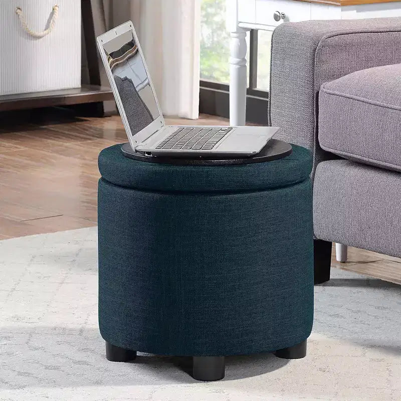 Round Accent Storage Ottoman with Reversible Tray Lid