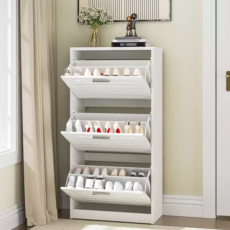 3-Shelf Shoe Cabinet Storage for Entryway with 3 Flip Drawers Slim Hidden Free Standing Organizer, White