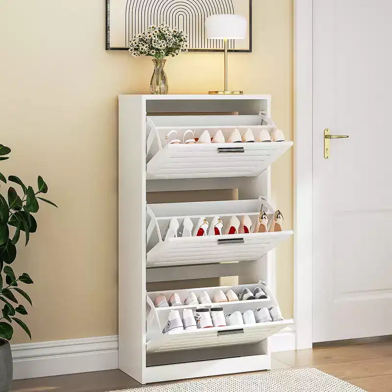 3-Shelf Shoe Cabinet Storage for Entryway with 3 Flip Drawers Slim Hidden Free Standing Organizer, White