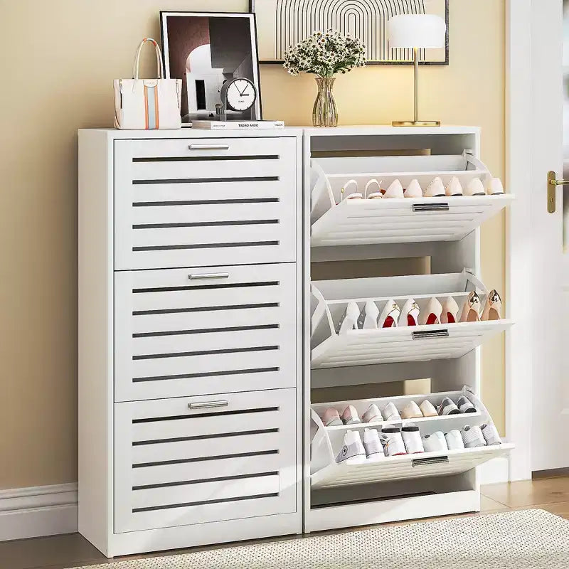 3-Shelf Shoe Cabinet Storage for Entryway with 3 Flip Drawers Slim Hidden Free Standing Organizer, White