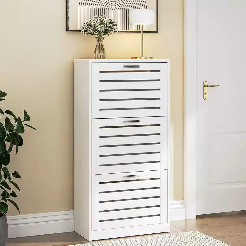 3-Shelf Shoe Cabinet Storage for Entryway with 3 Flip Drawers Slim Hidden Free Standing Organizer, White