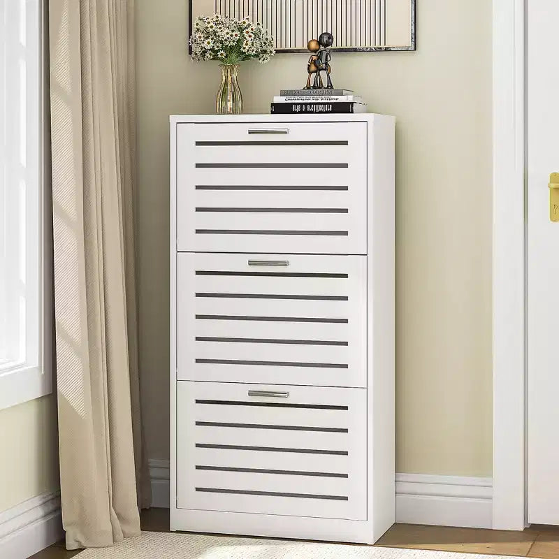 3-Shelf Shoe Cabinet Storage for Entryway with 3 Flip Drawers Slim Hidden Free Standing Organizer, White