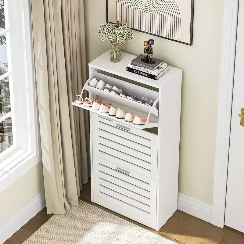 3-Shelf Shoe Cabinet Storage for Entryway with 3 Flip Drawers Slim Hidden Free Standing Organizer, White