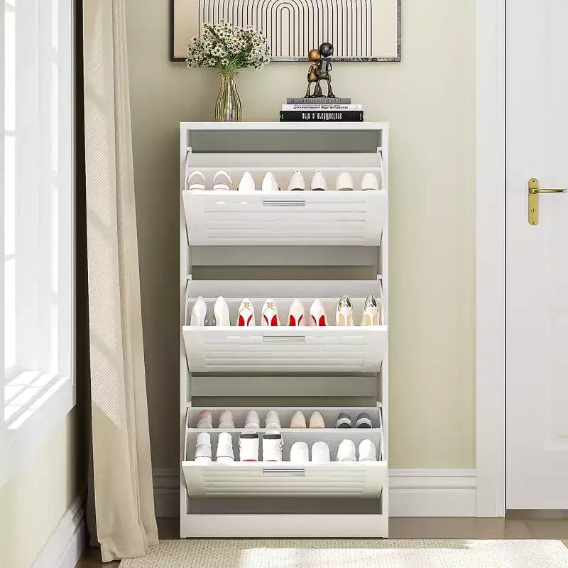 3-Shelf Shoe Cabinet Storage for Entryway with 3 Flip Drawers Slim Hidden Free Standing Organizer, White