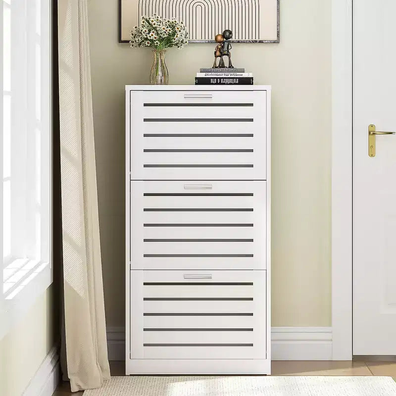3-Shelf Shoe Cabinet Storage for Entryway with 3 Flip Drawers Slim Hidden Free Standing Organizer, White