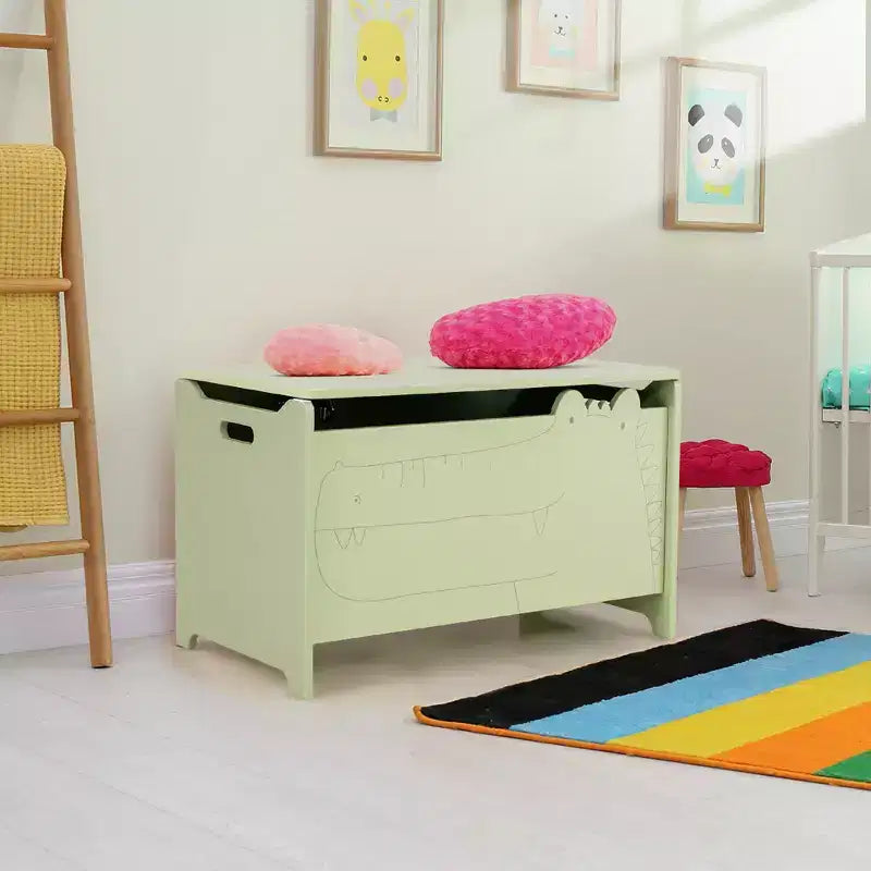 Kids Toy Box withSafety Hinge Wood Storage Chest Flip-Top Storage Organizer White/Green