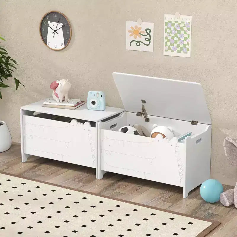 Kids Toy Box withSafety Hinge Wood Storage Chest Flip-Top Storage Organizer White/Green