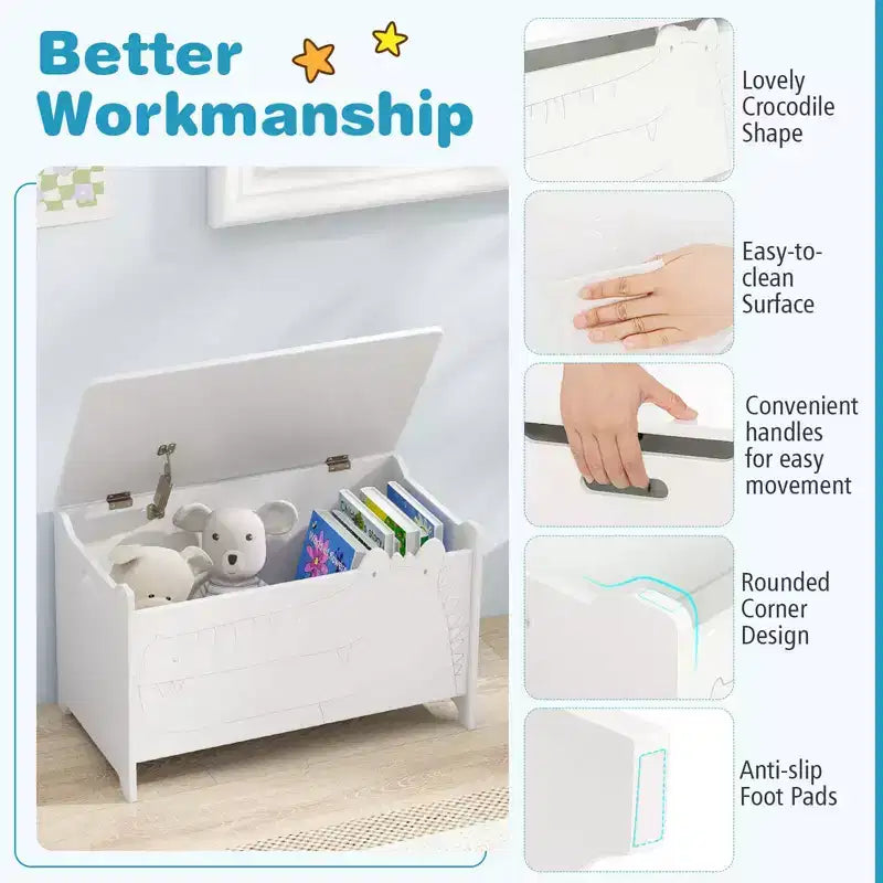 Kids Toy Box withSafety Hinge Wood Storage Chest Flip-Top Storage Organizer White/Green