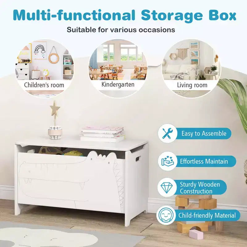 Kids Toy Box withSafety Hinge Wood Storage Chest Flip-Top Storage Organizer White/Green
