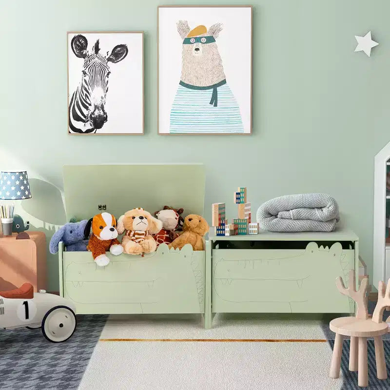 Kids Toy Box withSafety Hinge Wood Storage Chest Flip-Top Storage Organizer White/Green