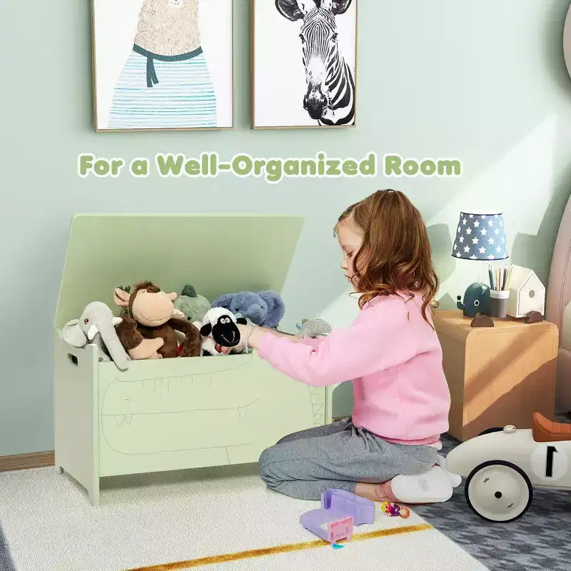 Kids Toy Box withSafety Hinge Wood Storage Chest Flip-Top Storage Organizer White/Green