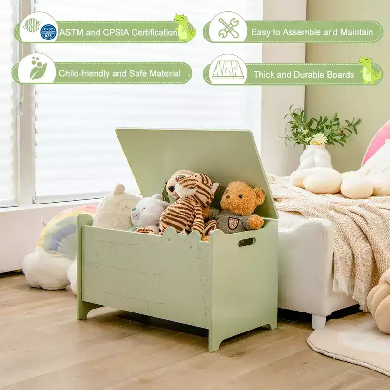 Kids Toy Box withSafety Hinge Wood Storage Chest Flip-Top Storage Organizer White/Green