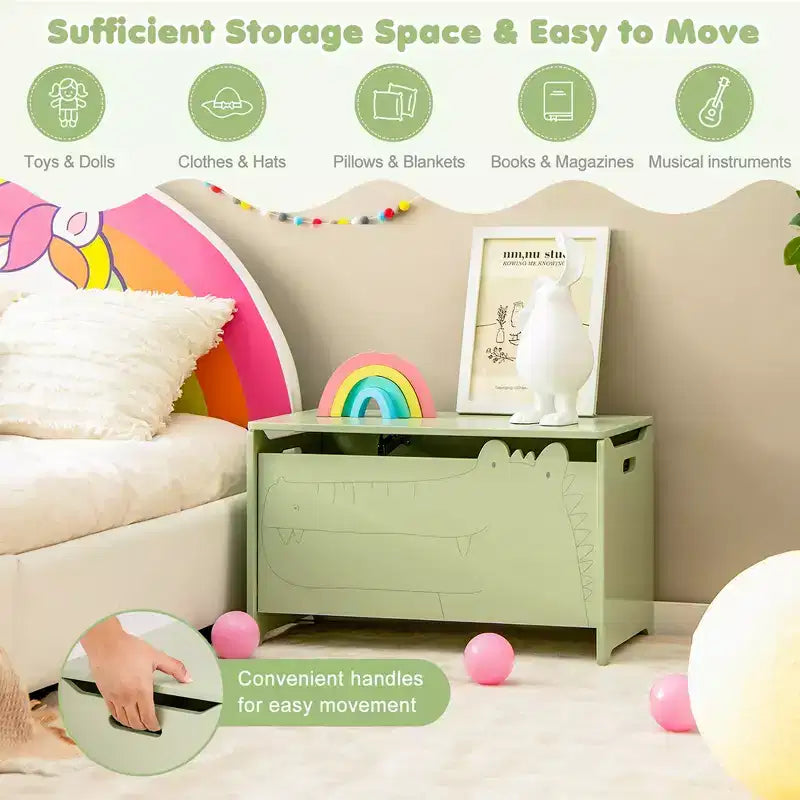 Kids Toy Box withSafety Hinge Wood Storage Chest Flip-Top Storage Organizer White/Green