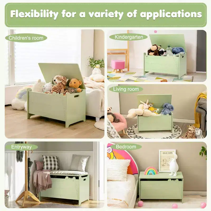 Kids Toy Box withSafety Hinge Wood Storage Chest Flip-Top Storage Organizer White/Green